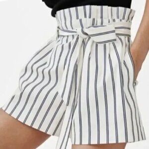 Zara TRF Collection Pleated Belted Paper Bag Shorts White Striped